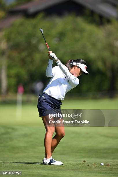 Celine Boutier of France plays their second shot on the 1st hole on day one of The Amundi Evian Championship at Evian Resort Golf Club on July 21,...