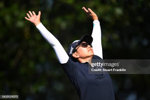 Mina Harigae of The United States stretches on the 9th hole on day one of The Amundi Evian Championship at Evian Resort Golf Club on July 21, 2022 in...