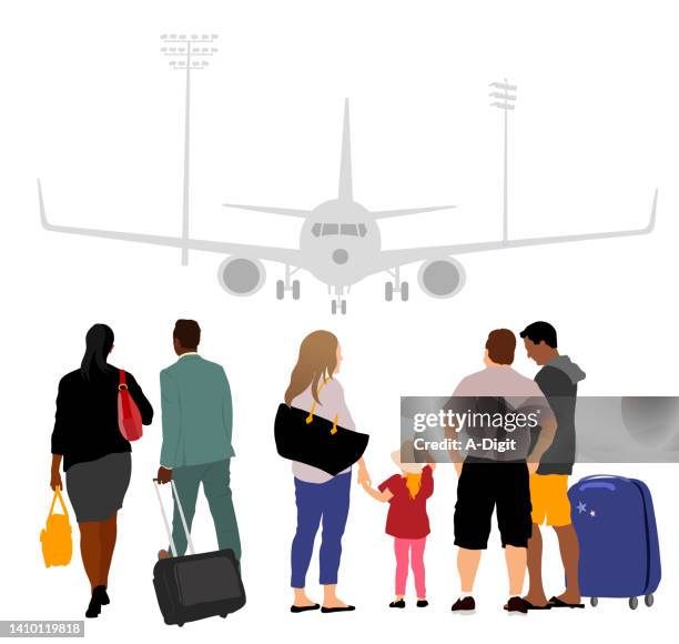 ilustraciones, imágenes clip art, dibujos animados e iconos de stock de equipaje de aeropuerto y grupo familiar de viajeros - suitcase couple