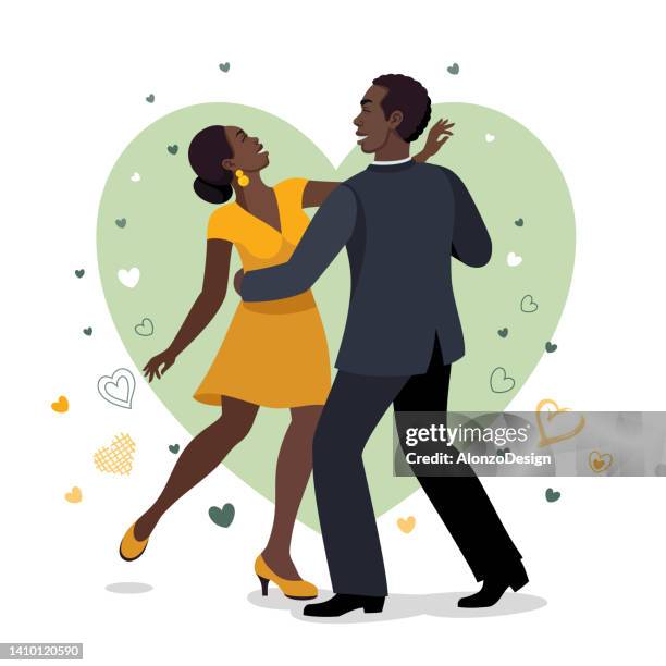 ilustraciones, imágenes clip art, dibujos animados e iconos de stock de cartel de baile o flyer. pareja de baile afroamericana. - salsa music