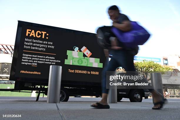 Mobile billboard is seen urging Sen. Schumer and congress to protect abortion rights and increase childcare, comprehensive sex ed, care economy...