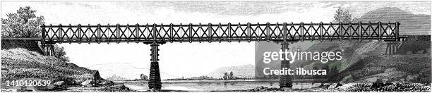 antique engraving illustration, engineering and technology: wood bridge construction - bridge under construction stock illustrations