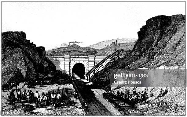 antique engraving illustration, engineering and technology: railway construction - bridge under construction stock illustrations