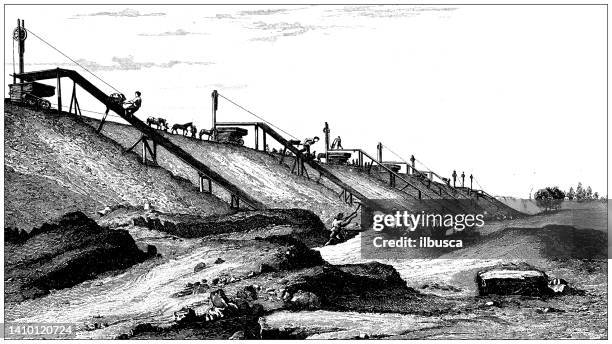 antique engraving illustration, engineering and technology: railway construction - road construction technology stock illustrations