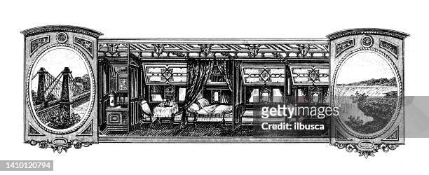 antique engraving illustration, engineering and technology: american train wagon - dining car stock illustrations