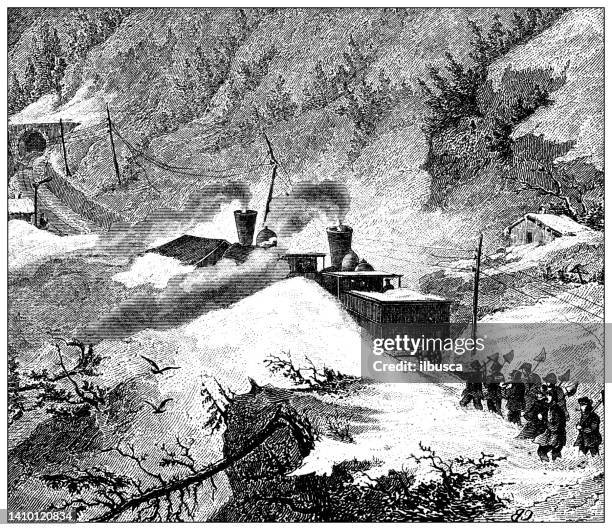 antique engraving illustration, engineering and technology: train snowplow - horsedrawn stock illustrations