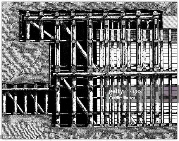antique engraving illustration, engineering and technology: railway subway construction - underground tunnel stock illustrations