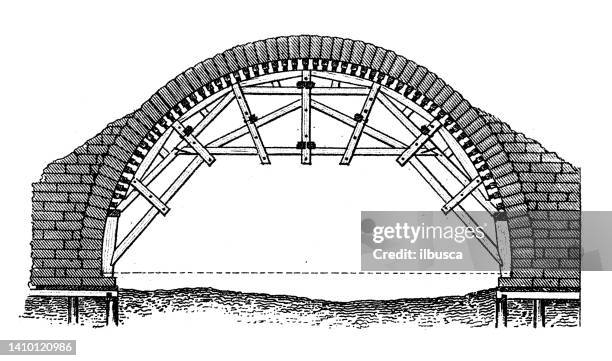 antique engraving illustration, engineering and technology: stone bridge construction - bridge under construction stock illustrations
