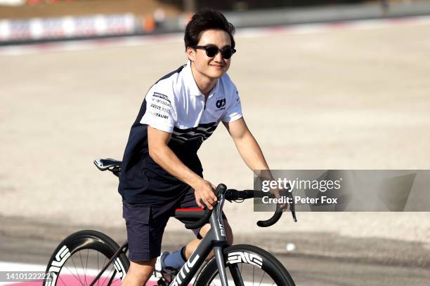 Yuki Tsunoda of Japan and Scuderia AlphaTauri cycles the track during previews ahead of the F1 Grand Prix of France at Circuit Paul Ricard on July...