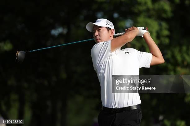 Seung-Yul Noh of South Korea plays his shot from the 11th tee during the first round of the 3M Open at TPC Twin Cities on July 21, 2022 in Blaine,...