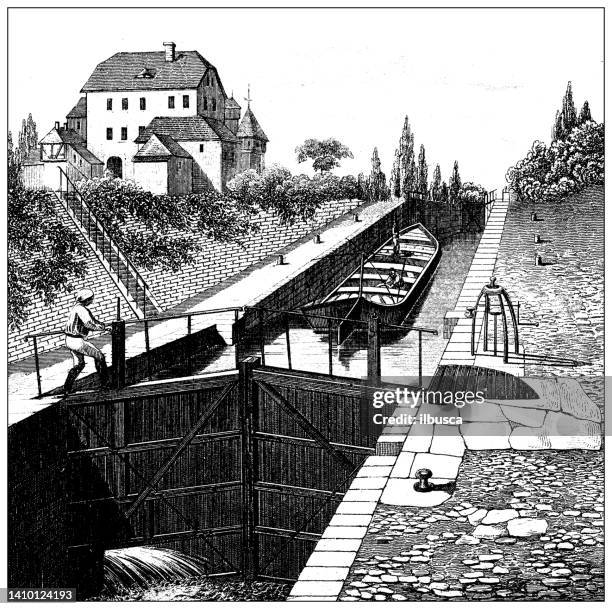 stockillustraties, clipart, cartoons en iconen met antique engraving illustration, engineering and technology: canal lock - kanaalsluis