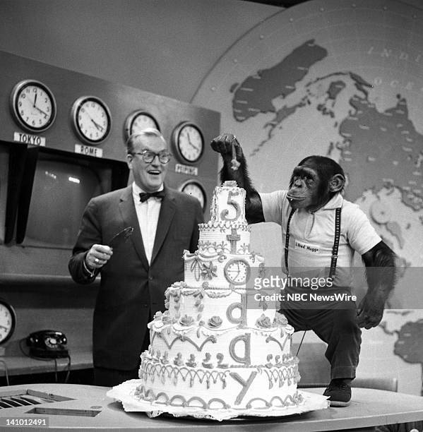 News' Dave Garroway, J. Fred Muggs the chimpanzee celebrate the 5th Anniversary of "TODAY" on January 14, 1957 -- Photo by: NBC/NBC NewsWire