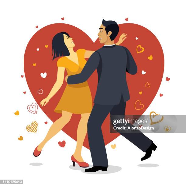 tanzplakat oder flyer. asiatisches tanzpaar. - salsa lateinamerikanischer tanz stock-grafiken, -clipart, -cartoons und -symbole