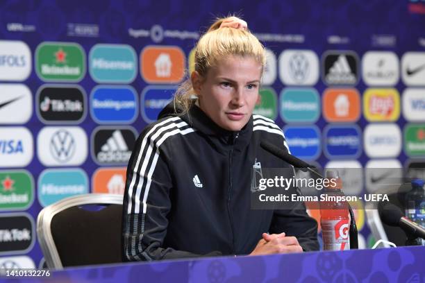 Justine Vanhaevermaet of Belgium speaks to the media during the UEFA Women's Euro 2022 Belgium press conference at Leigh Sports Village on July 21,...