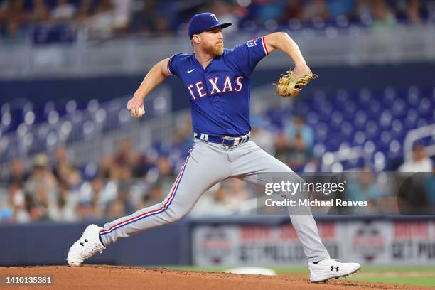 Jon Gray of the Texas Rangers delivers a pitch during the first inning against the Miami Marlins at loanDepot park on July 21, 2022 in Miami, Florida.