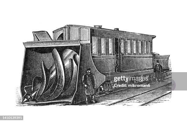 old engraved illustration of train wagon, steam snow plow that pushes snow off the track - 19th century steam train stock pictures, royalty-free photos & images