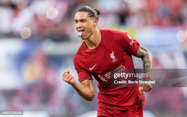Darwin Nunez of Liverpool FC celebrates after scoring his team's third goal during the pre-season friendly match between RB Leipzig and Liverpool FC...