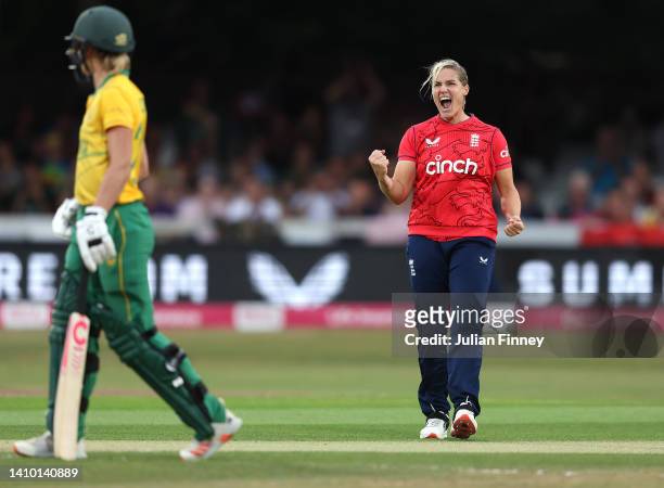 Katherine Brunt of England celebrates taking the wicket of Sune Luus of South Africa during the 1st Vitality IT20 match between England Women and...
