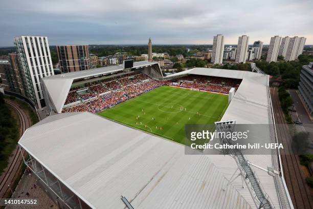 General view outside the stadium during the UEFA Women's Euro 2022 Quarter Final match between Germany and Austria at Brentford Community Stadium on...