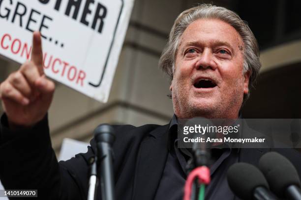 Former White House Chief Strategist Steve Bannon speaks to reporters as he leaves the Federal District Court House at the end of the fourth day of...
