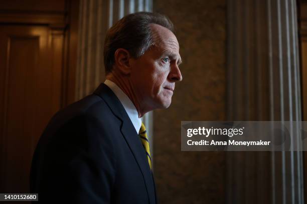 Sen. Pat Toomey departs from the Senate Chambers in the U.S. Capitol on July 21, 2022 in Washington, DC. The Senate wrapped up their votes for the...