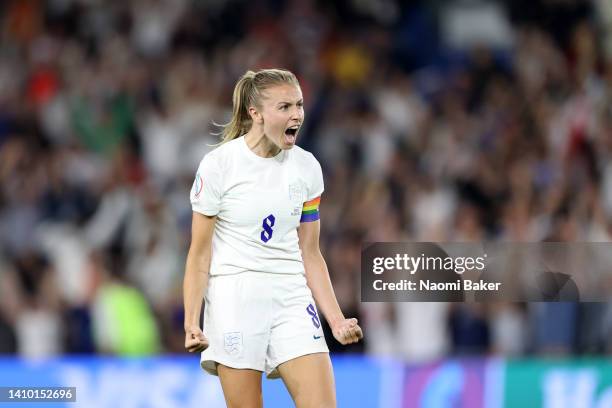 Leah Williamson of England celebrates following her teams victory during the UEFA Women's Euro England 2022 Quarter Final match between England and...