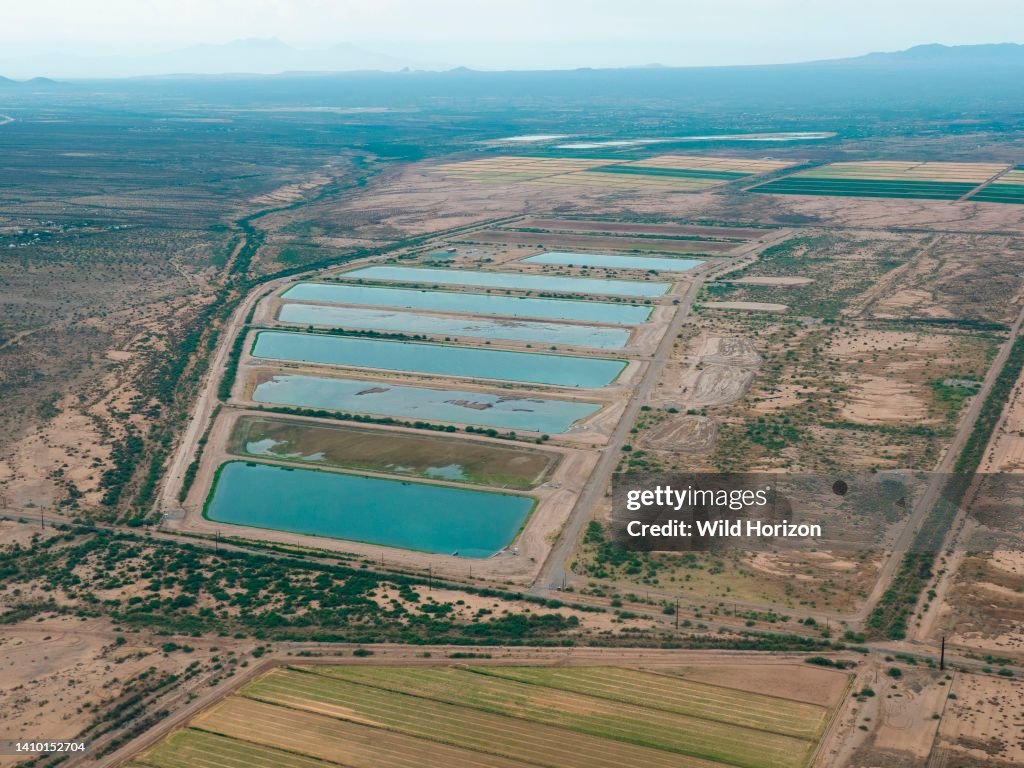 Aerial view of Central Avra Valley Storage and Recovery Project, CAVSARP, groundwater recharge ponds with water delivered from the CAP canal, Arizona.