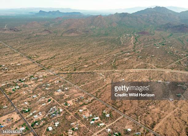 Aerial view of west side of the Tucson Mountains, where Mile Wide Rd. Crosses Sandario Rd, near the CAP canal, Avra Valley, Arizona. In the upper...