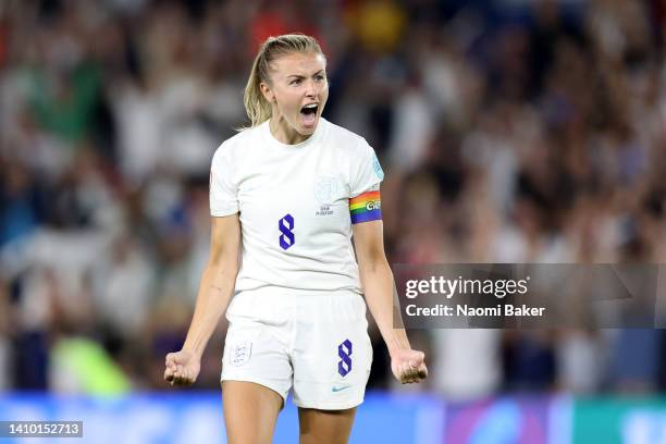 Leah Williamson of England celebrates following her teams victory during the UEFA Women's Euro England 2022 Quarter Final match between England and...