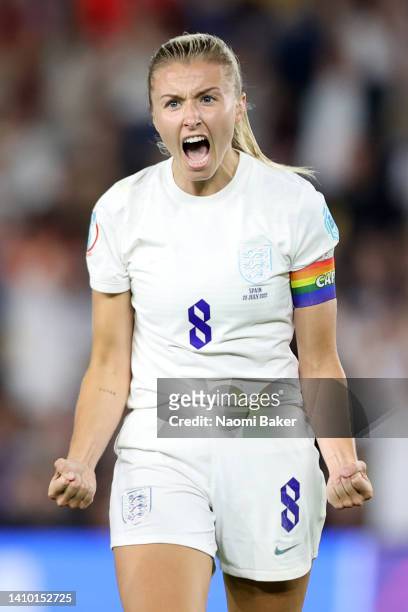 Leah Williamson of England celebrates following her teams victory during the UEFA Women's Euro England 2022 Quarter Final match between England and...