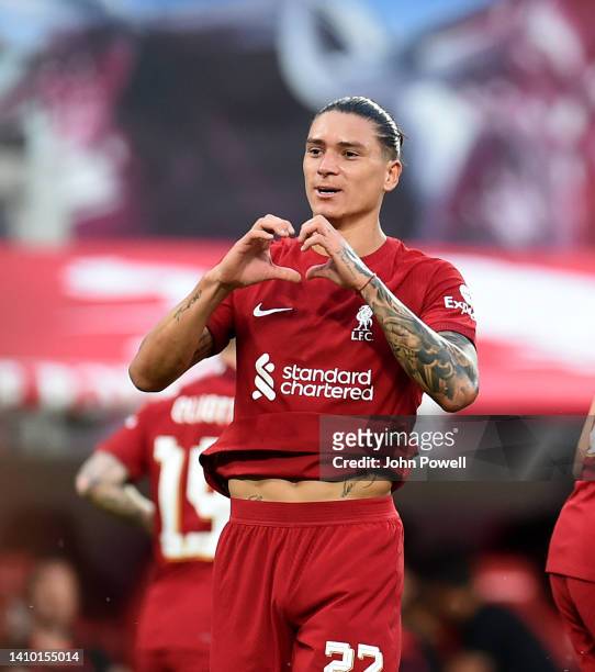 Darwin Nunez of Liverpool celebrates after scoring the third goal during the pre-season friendly match between RB Leipzig and Liverpool FC at Red...