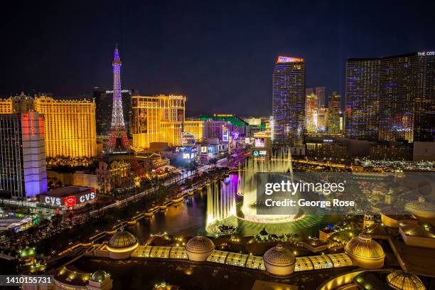 The Bellagio Water Fountain Show on Las Vegas Strip is viewed from a tower at Caesars Palace Hotel & Casino on July 14, 2022 in Las Vegas, Nevada....
