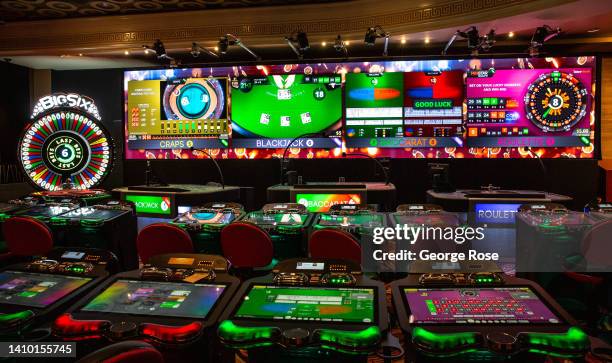 Multi-game electronic gambling station at Caesars Palace Hotel & Casino featuring options to play craps, blackjack, roulette, or baccarat is viewed...