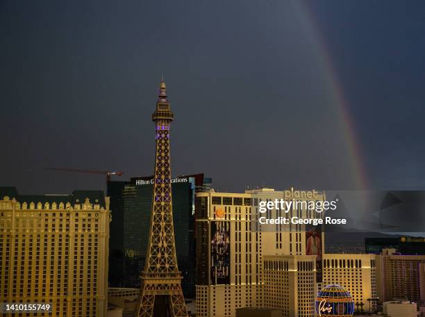 Rainbow pops out over the Las Vegas Strip as viewed from a tower room at Caesars Palace Hotel & Casino on July 14, 2022 in Las Vegas, Nevada....