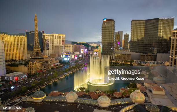 The Bellagio Water Fountain Show on Las Vegas Strip is viewed from a tower at Caesars Palace Hotel & Casino on July 14, 2022 in Las Vegas, Nevada....