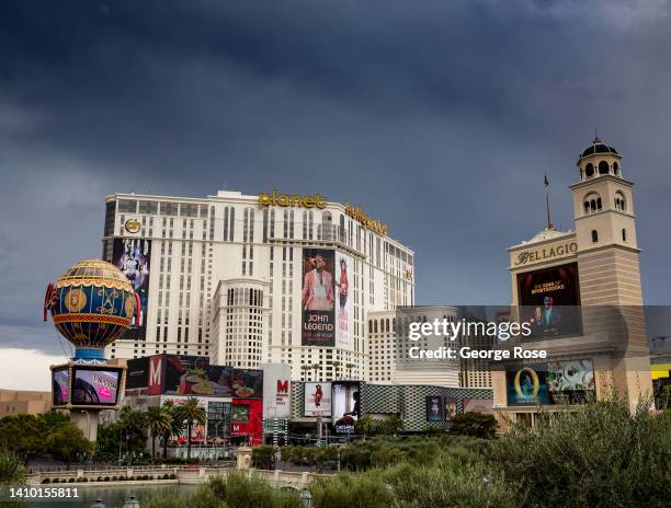 Rare thunderstorm begins to form over the Bellagio Hotel Water Fountain lake along the Las Vegas Strip on July 15, 2022 in Las Vegas, Nevada....