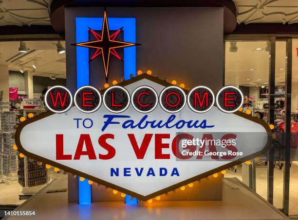 Las Vegas sign is viewed at the Flamingo Hotel & Casino on July 14, 2022 in Las Vegas, Nevada. Conventions and gamblers have once again returned in...