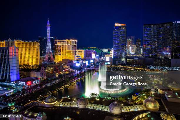 The Bellagio Water Fountain Show on Las Vegas Strip is viewed from a tower at Caesars Palace Hotel & Casino on July 14, 2022 in Las Vegas, Nevada....