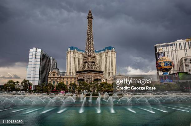Rare thunderstorm begins to form during the afternoon Bellagio Hotel Water Fountain Show along the Las Vegas Strip on July 15, 2022 in Las Vegas,...