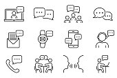 Online Text Message in Chat, Interview Talk Line Icon Set. Community People Talk on Video Conference Outline Icon. Person Communication Linear Pictogram. Editable Stroke. Isolated Vector Illustration