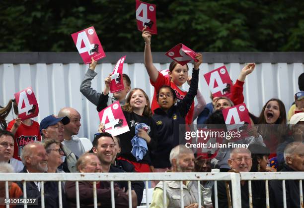 Fans celebrate 4 runs during the 1st Vitality IT20 match between England Women and South Africa Women at the Cloudfm County Ground on July 21, 2022...