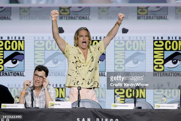 John Francis Daley and Chris Pine speak onstage at the "Dungeons & Dragons: Honor Among Thieves" panel during 2022 Comic-Con International: San Diego...