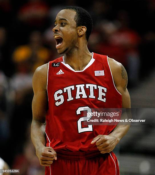 North Carolina State guard Lorenzo Brown reacts after scoring against Virginia in the second half at the ACC Tournament at Philips Arena in Atlanta,...