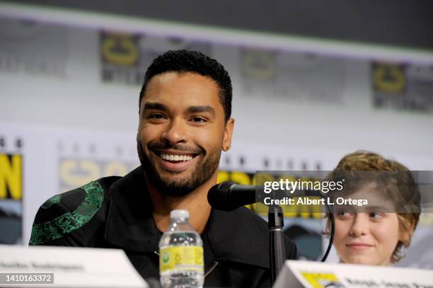 Regé-Jean Page and Sophia Lillis speak onstage at the "Dungeons & Dragons: Honor Among Thieves" panel during 2022 Comic-Con International: San Diego...