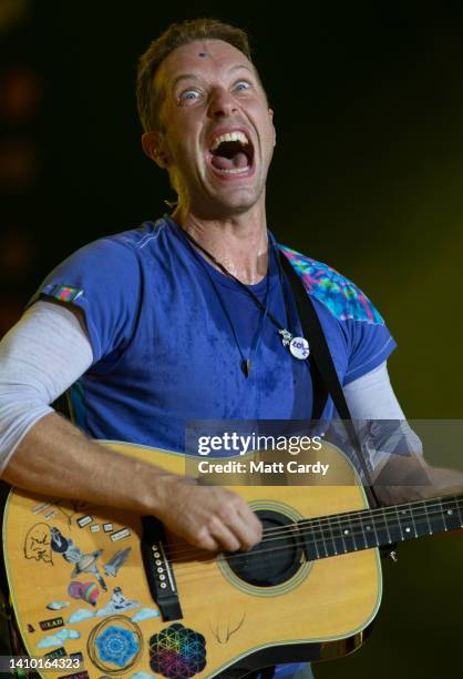 Chris Martin of Coldplay performs on the main Pyramid Stage at the 2016 Glastonbury Festival held at Worthy Farm, in Pilton, Somerset on June 26,...