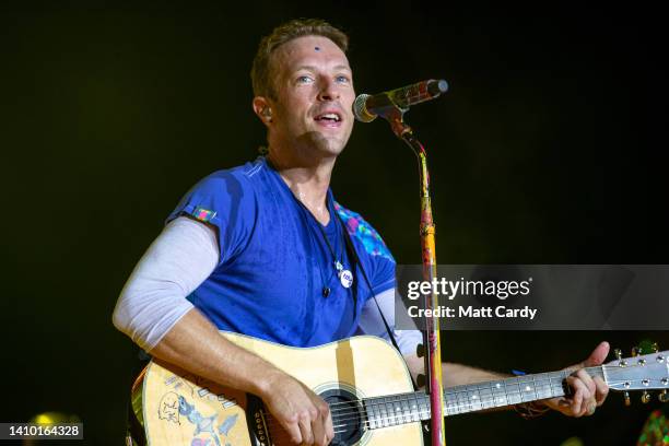 Chris Martin of Coldplay performs on the main Pyramid Stage at the 2016 Glastonbury Festival held at Worthy Farm, in Pilton, Somerset on June 26,...