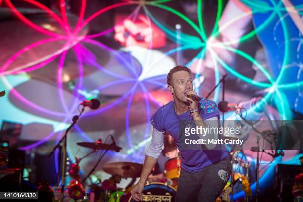 Chris Martin of Coldplay performs on the main Pyramid Stage at the 2016 Glastonbury Festival held at Worthy Farm, in Pilton, Somerset on June 26,...