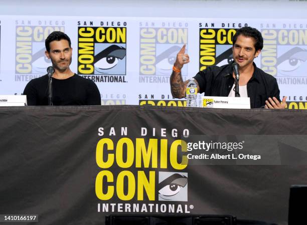 Tyler Hoechlin and Tyler Posey speak onstage at the "Teen Wolf: The Movie" panel during 2022 Comic-Con International: San Diego at San Diego...