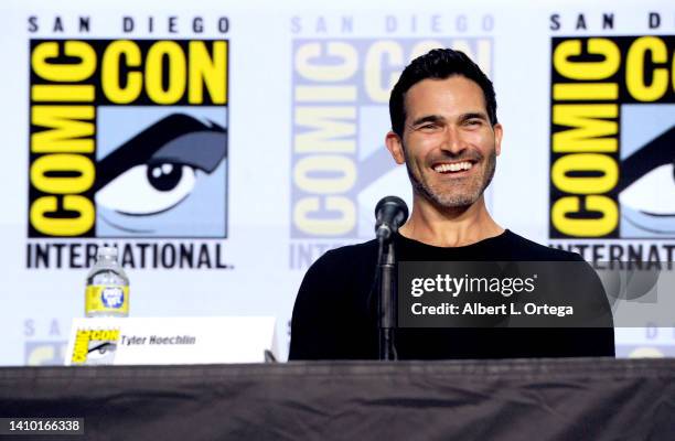 Tyler Hoechlin speaks onstage at the "Teen Wolf: The Movie" panel during 2022 Comic-Con International: San Diego at San Diego Convention Center on...