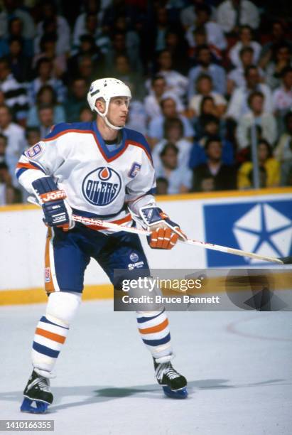 Wayne Gretzky of the Edmonton Oilers skates on the ice during the 1988 Stanley Cup Finals against the Boston Bruins in May, 1988 at the Northlands...